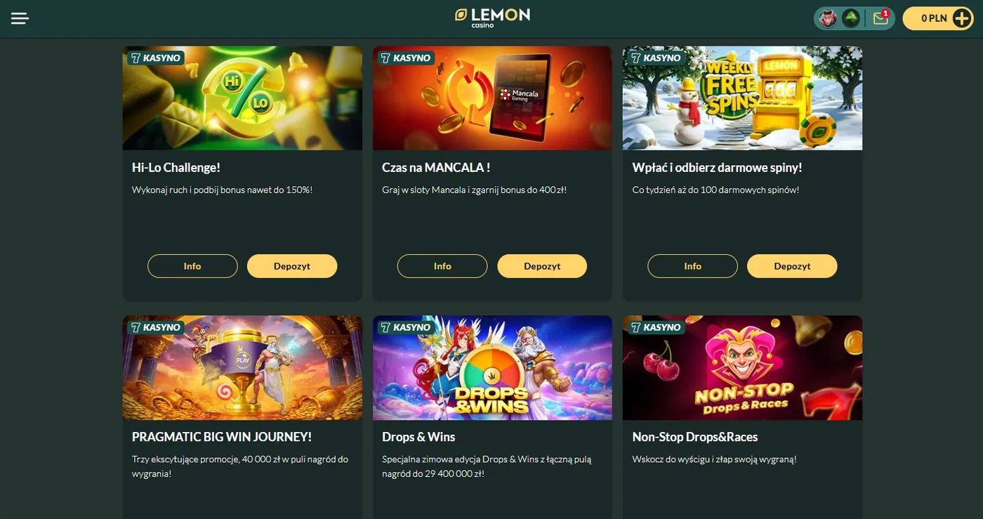 Promocje czasowe i Lemon Lottery w Lemon Casino